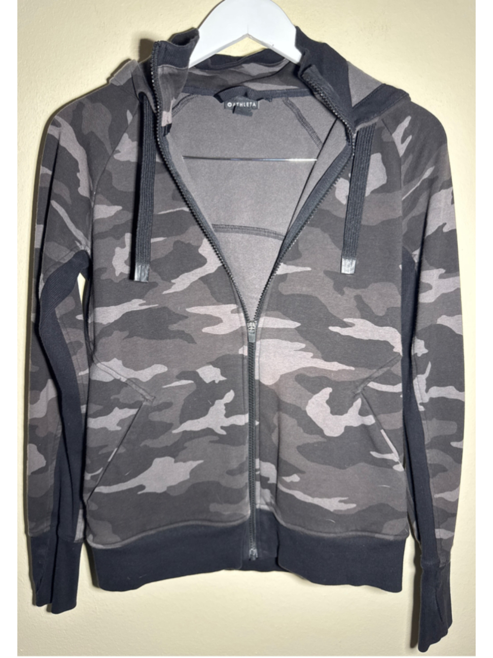 Athleta Camo Zip-Up Hoodie Sweatshirt Size S Grey Black